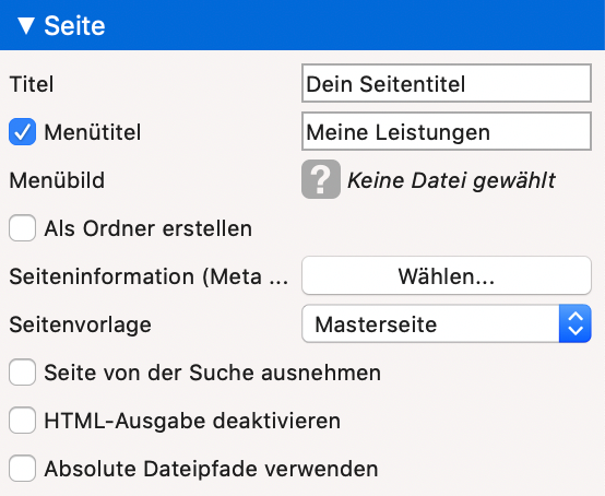 Seiten-Optionen wie Seitentitel und Menü in Goldfish 4